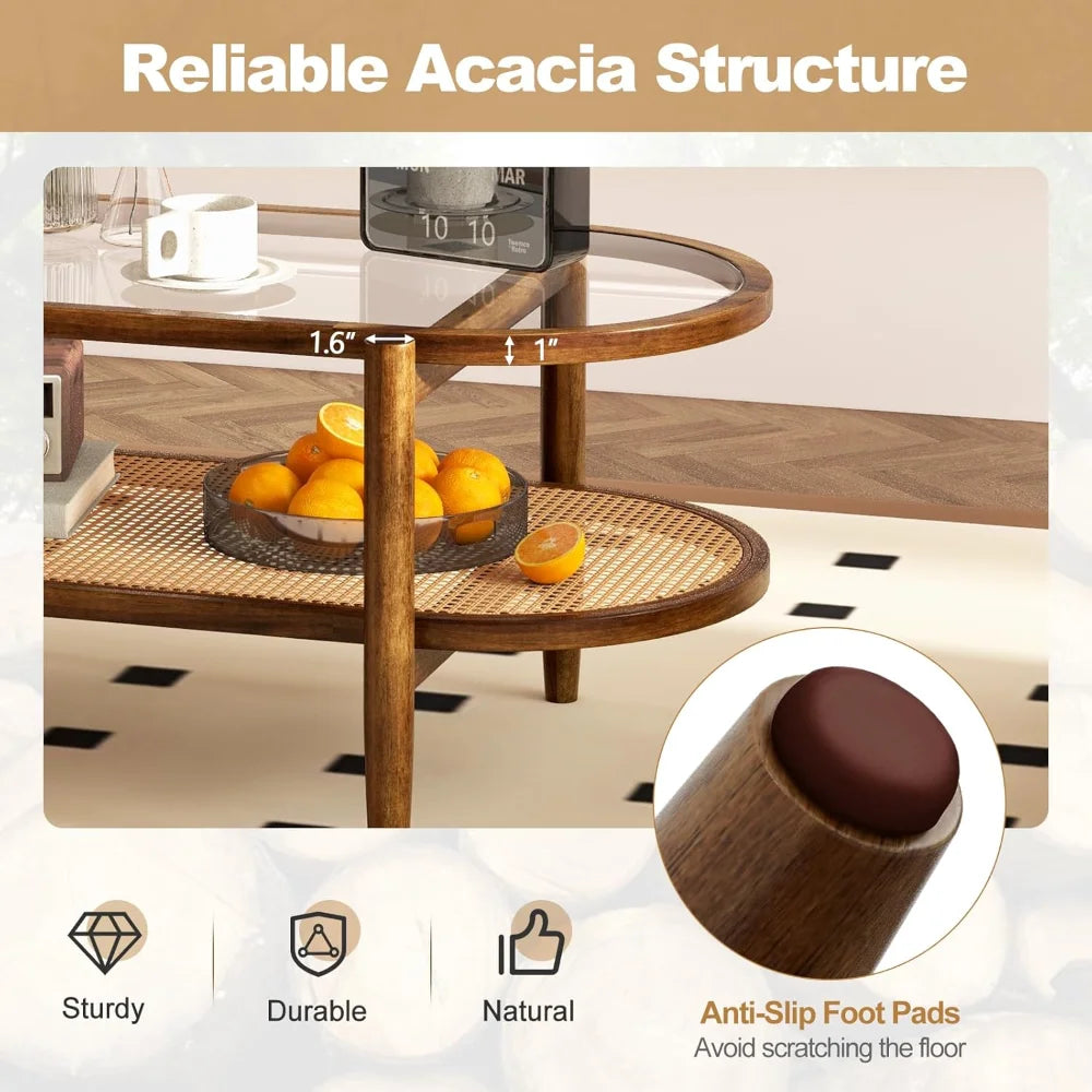 Rattan Coffee Table, 2-Tier Oval Acacia Wood Tea Table w/Tempered Glass Tabletop & PE Rattan Storage Shelf, Boho Cocktail Tables