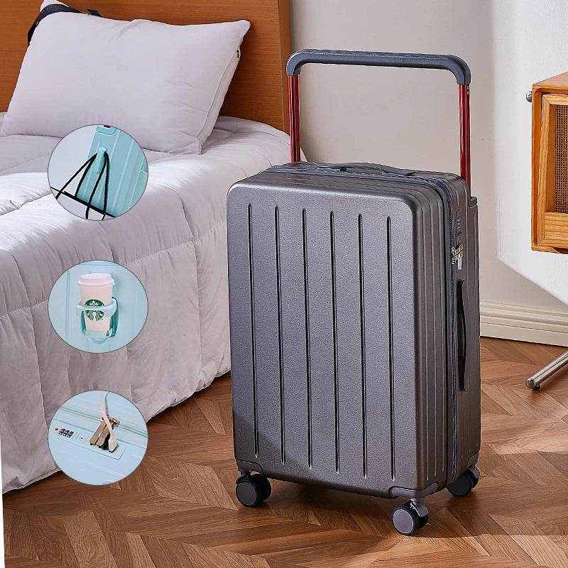 20"24"26 Inch Wide Handle Travel Suitcase PC Zipper Rolling luggage Trolley Case With Wheels Carry-on Luggage With Cup Holder