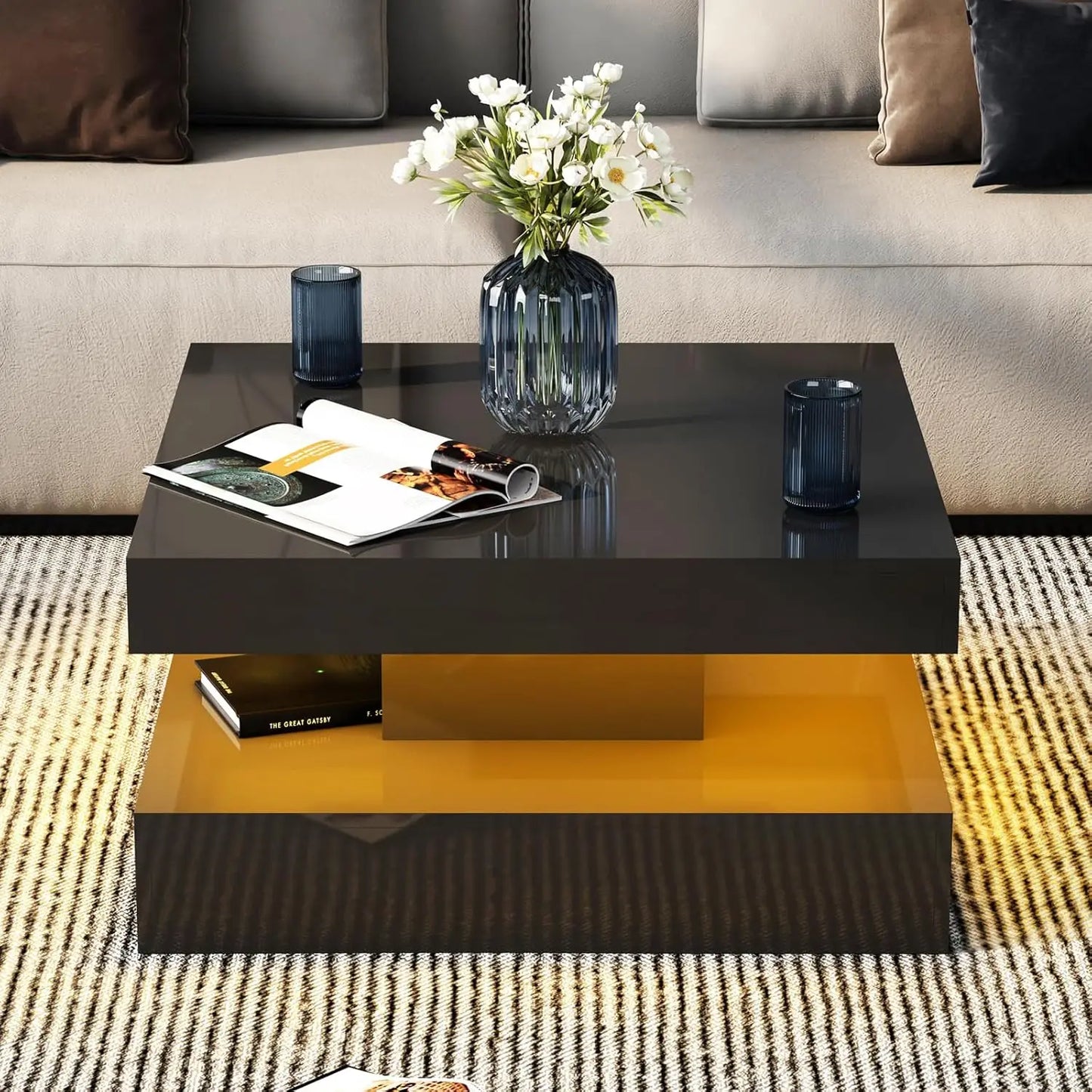 LED Coffee Table for Living Room, Living Room Table 2-Tier Square Middle Center Table, Modern Coffee Tables with Storage