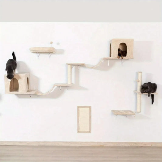 Modern Wall Mounted Cat Furniture Mounted Climber Set with House, Bridge, Tree, Step Grab