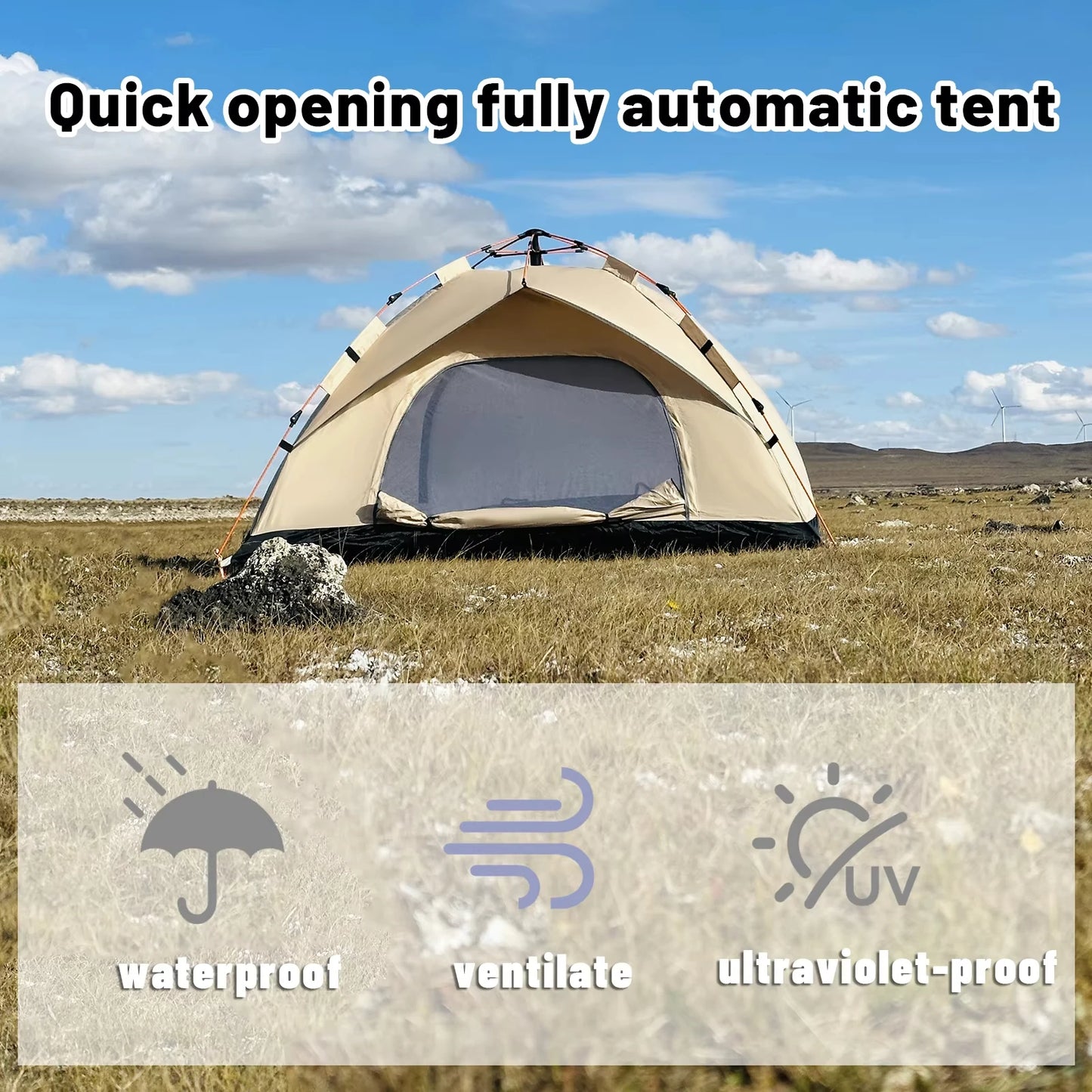Outdoor With Windows Tent Fully Automatic Quick Opening Tent 3-4 Person Self Driving Camping Tent Rain Proof Sun Proof Portable