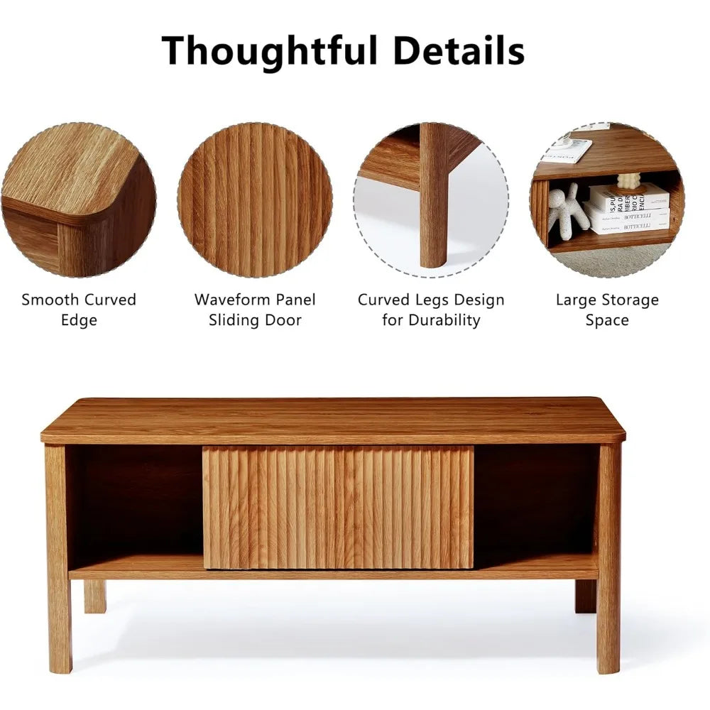 Mid-Century Modern Rectangular Wood Coffee Table with Dual Storage Shelf, Storage Center Coffee Tables with Waveform Panel