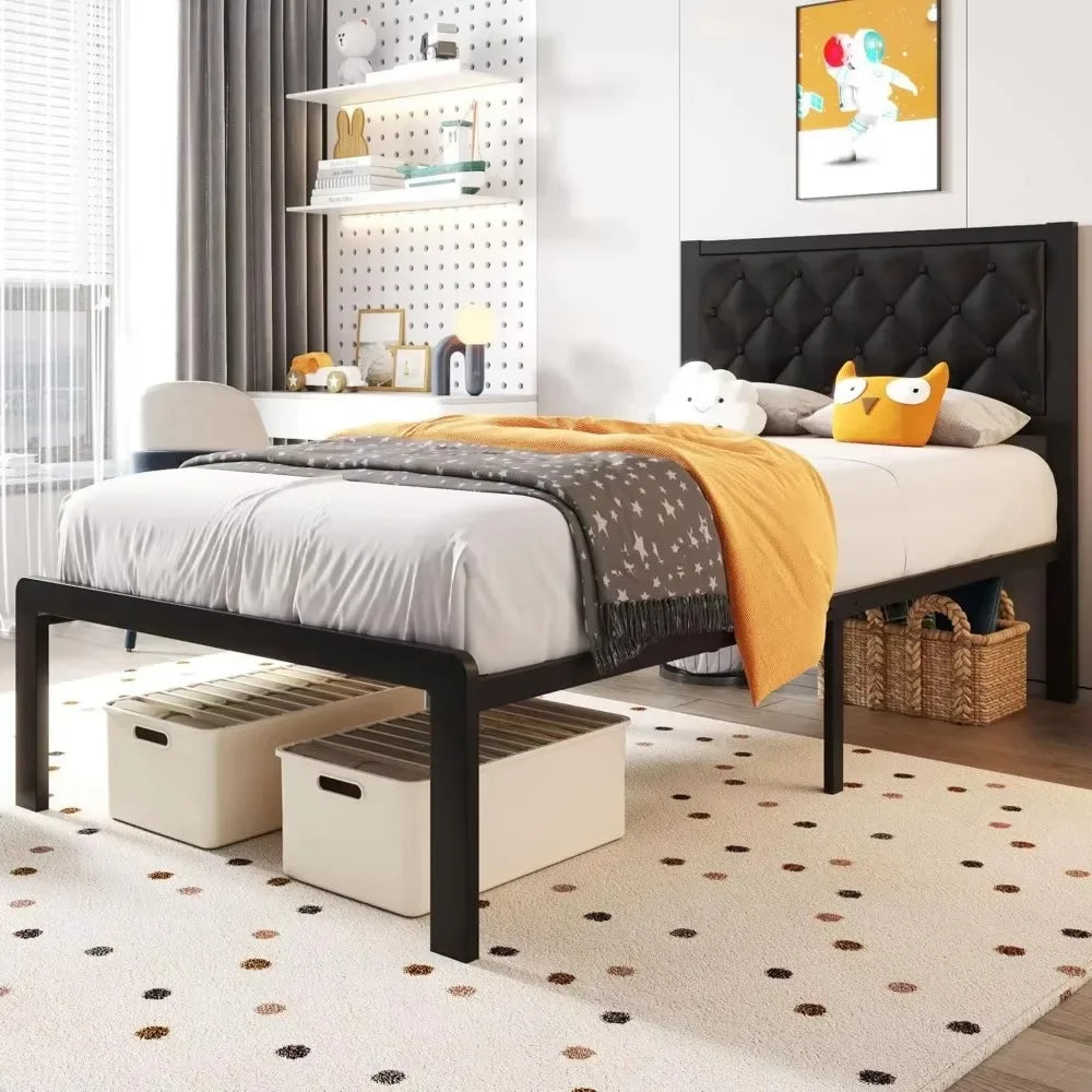 Bed Frame with Headboard PU Leather Upholstered Bed Frame Platform,All Metal Slats Support Platform Bed Frame with Storage