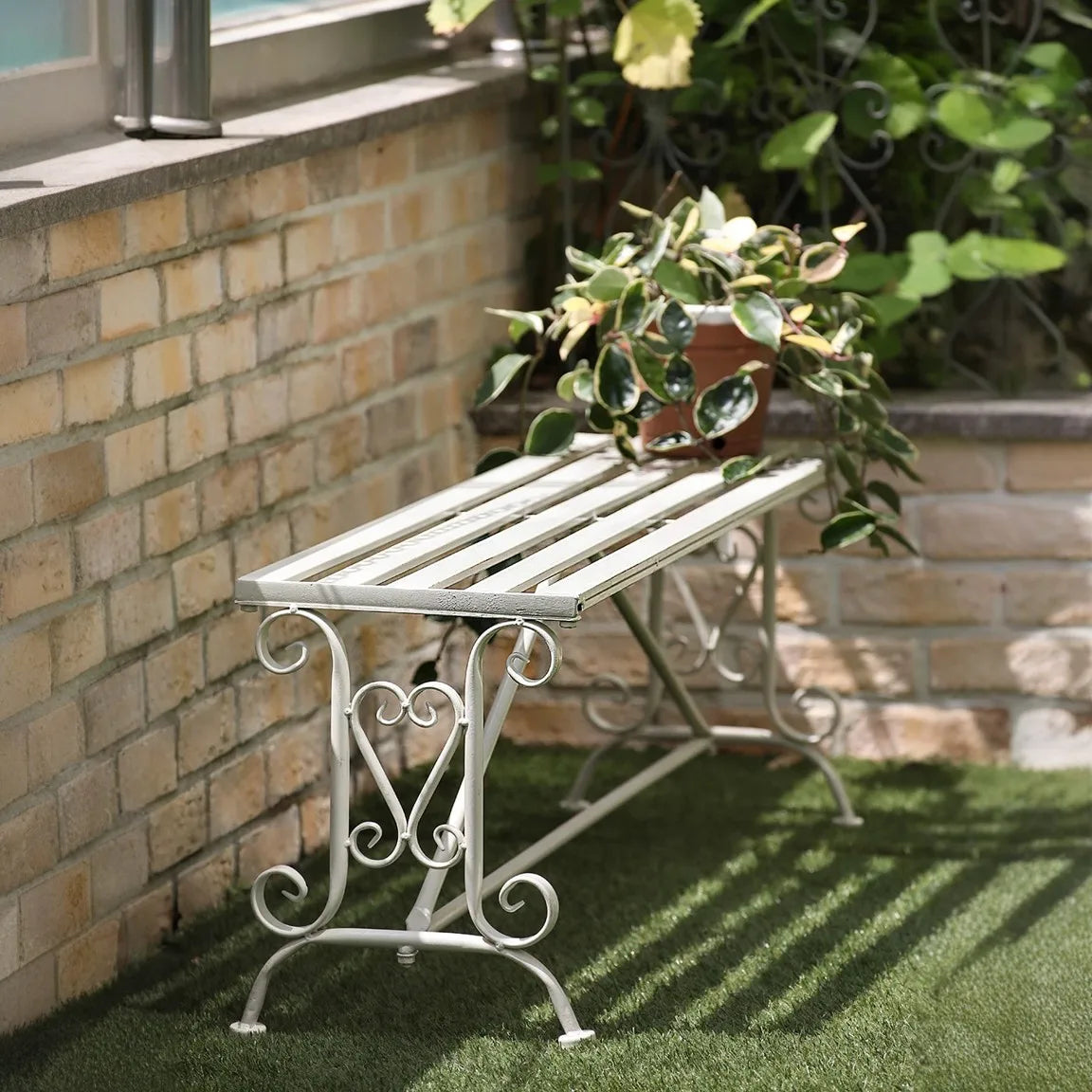 Antique wrought iron metal outdoor garden bench, patio porch garden, wrought iron decorative folding double bench