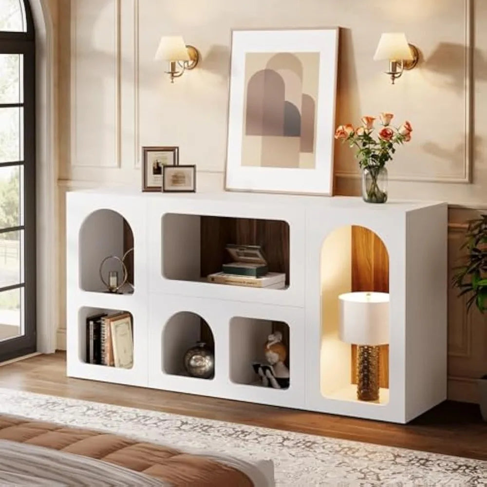 59" White Console Table, Modern Entryway Table, Wooden Storage Organizer Entrance Table with 6 Compartments, Long Sof