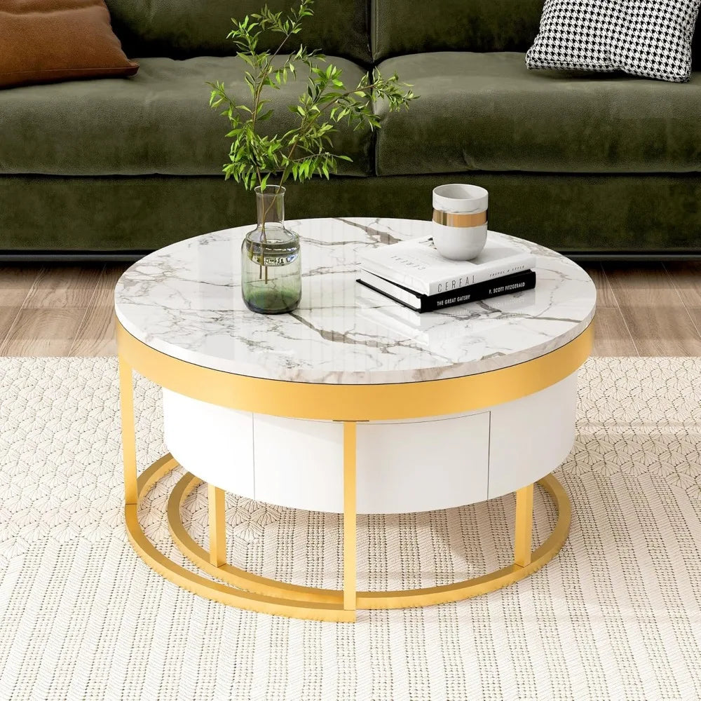 Modern Round Nesting Coffee Table with Marble Top, White & Gold Nesting Coffee Table Set of 2 Center Table with Storage Drawers