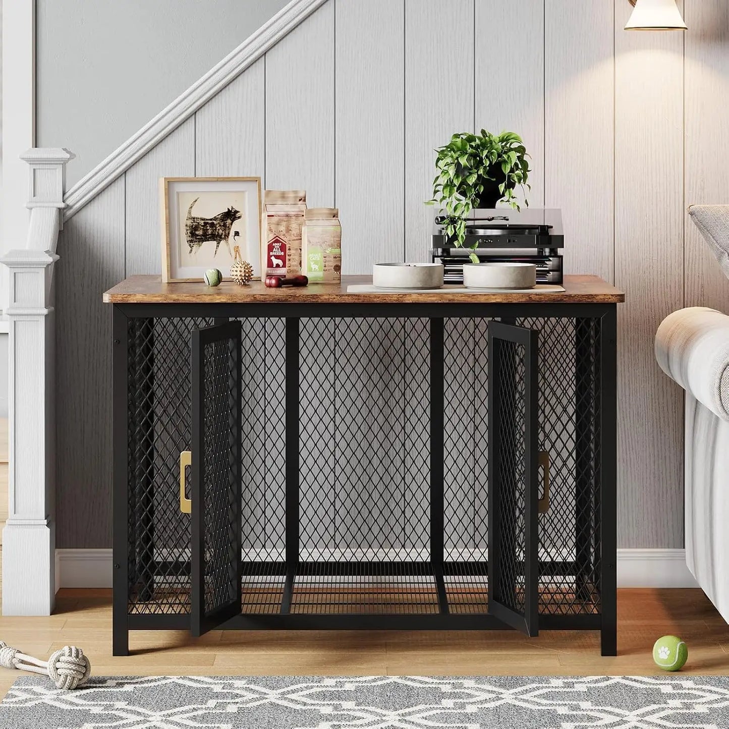 48" Flip Top Dog Crate Furniture Large Dog Kennel with 2 Doors Metal Dog Cage End Table Dog Furniture for Large Medium Small Dog