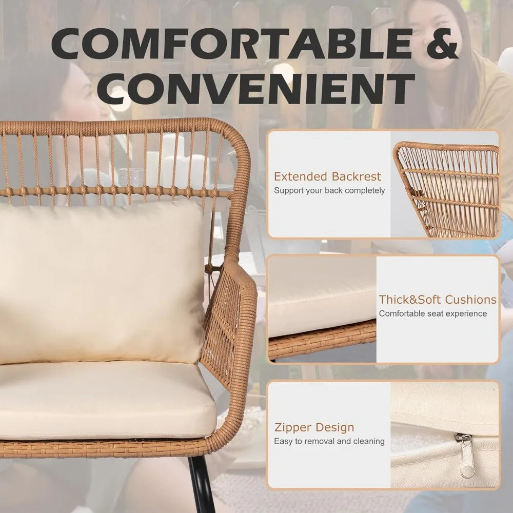 3 Piece Outdoor Wicker Furniture Bistro Set, Rattan Chairs Conversation Sets Porch Chair, Wicker Patio Furniture for Balcony Poo