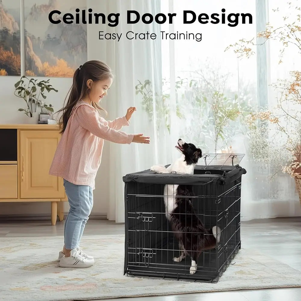48 H Dog Crate For Large Dogs With Three Doors & Cover-Metal Wire Dog Cage Kennels & Houses For Puppy&Cat, Indoor Outdoor