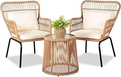 3 Piece Outdoor Wicker Furniture Bistro Set, Rattan Chairs Conversation Sets Porch Chair, Wicker Patio Furniture for Balcony Poo