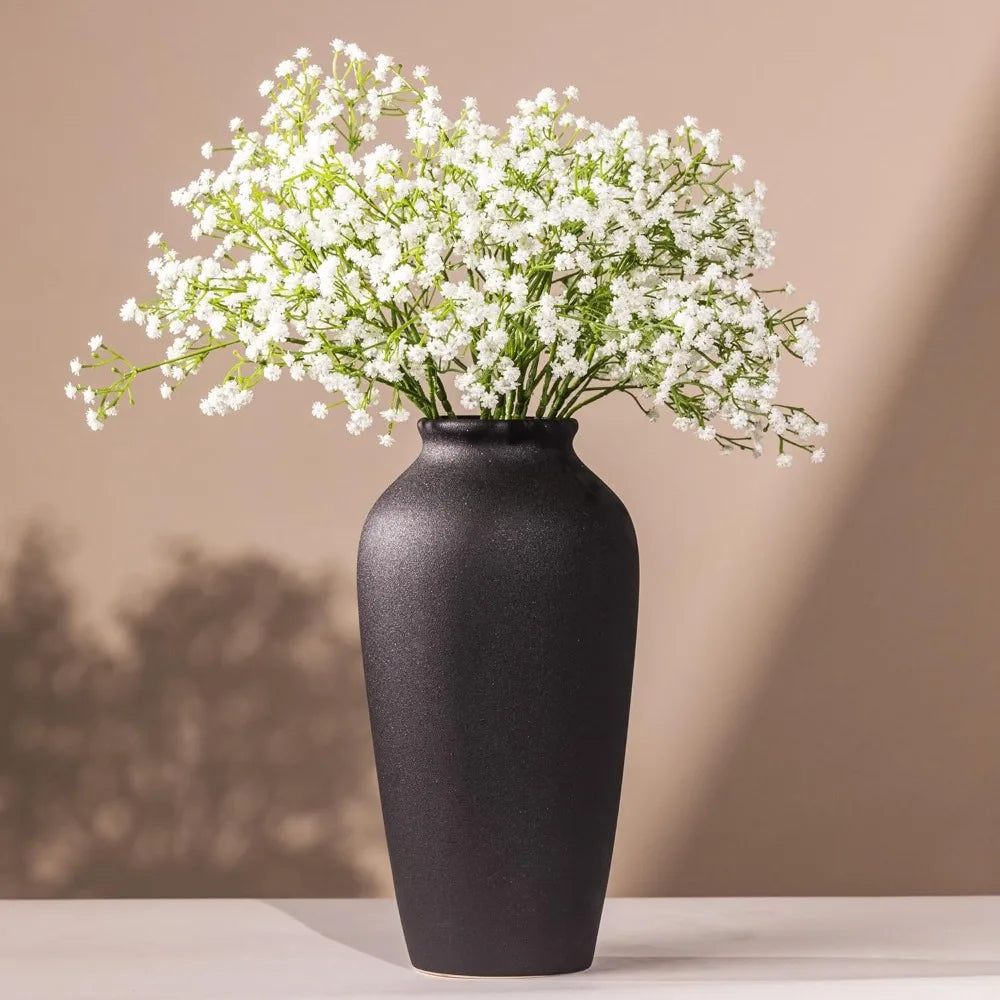 12" Tall Black Ceramic Vase, Speckled Textured Minimalist, with 15 Stems of 22" Faux Artificial White, Fake Flowers in Vases
