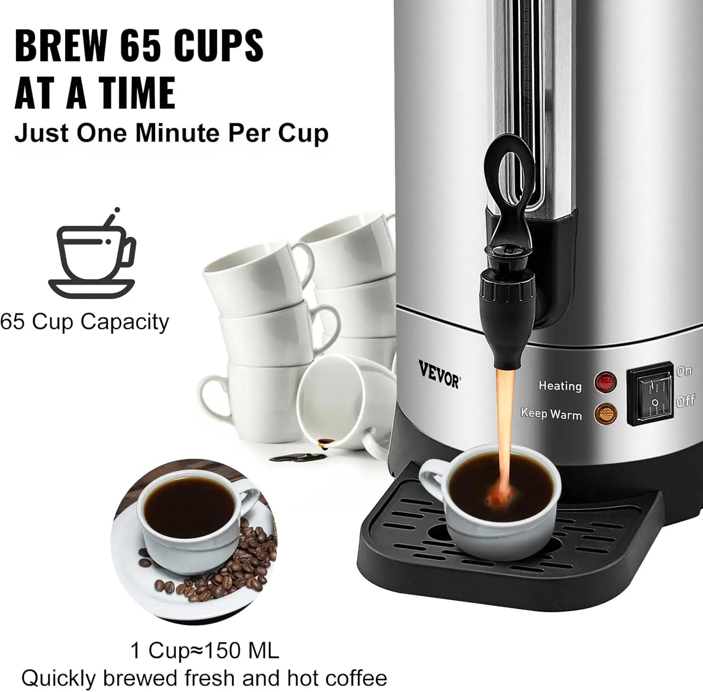 Commercial Coffee Urn,65Cups/9.75L Stainless Steel Large Coffee Dispenser,1500W 110V Electric Coffee Maker Urn For Quick Brewing