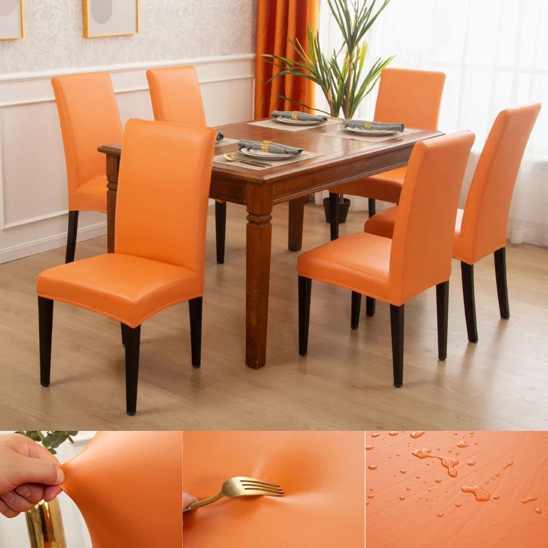 Dining Chair Covers,Solid Pu Leather Waterproof and Oilproof Stretch Dining Chair Protector Cover Slipcover
