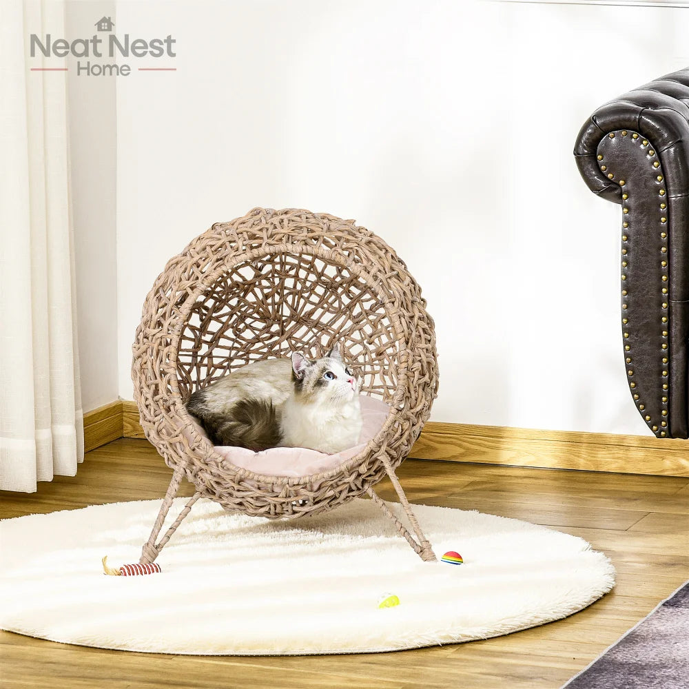 Weaved Cat Bed,pet bed, Elevated Hand-woven Braided Banana Leaf Kitten House Condo with Cushion,cats products,houses & habitats