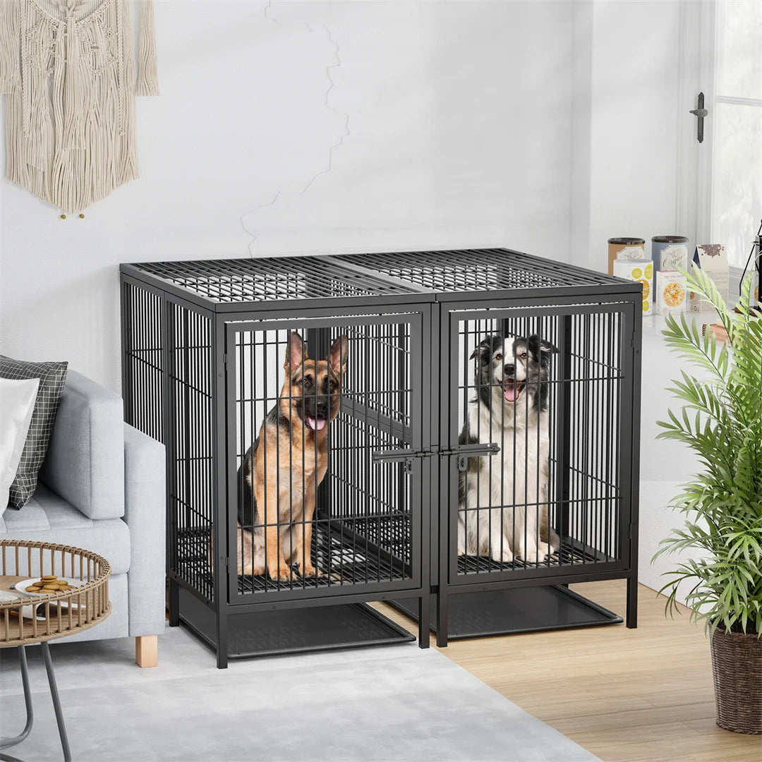 2 in 1 Large Heavy Duty Metal Dog Cage with Removable Divider Double Pet Crate Kennel for Animals with Cage Cover