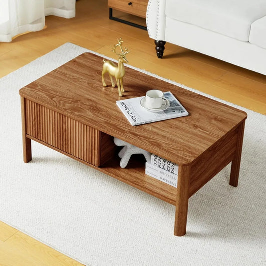 Mid-Century Modern Rectangular Wood Coffee Table with Dual Storage Shelf, Storage Center Coffee Tables with Waveform Panel