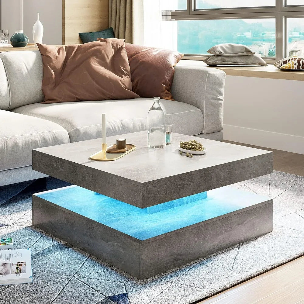 LED Coffee Table for Living Room, Living Room Table 2-Tier Square Middle Center Table, Modern Coffee Tables with Storage