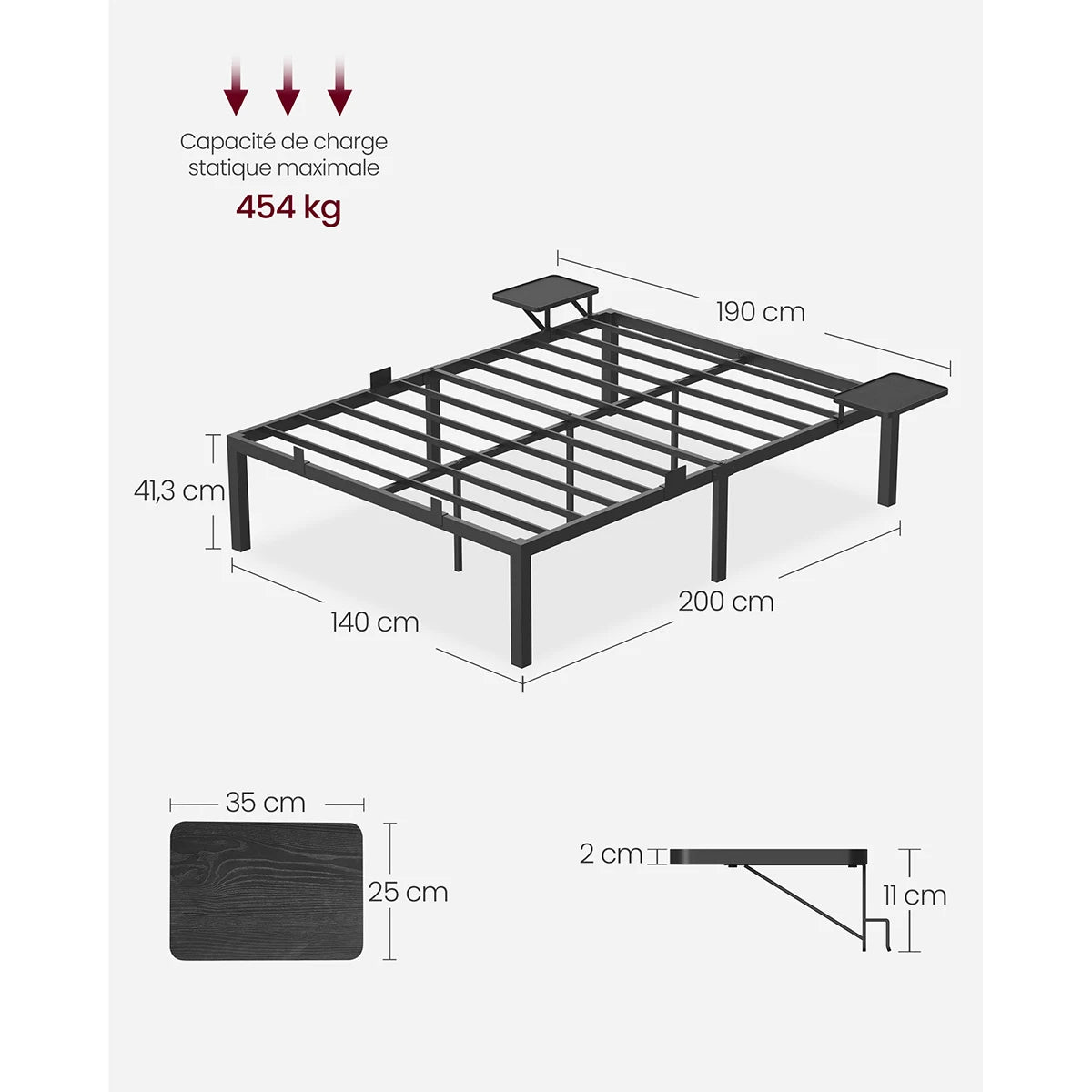 VASAGLE Double Bed Frame, Metal Bed Frame, with Bedside Shelves, Guest Bed Frame, for 140 x 200 cm Mattresses, Easy Assembly
