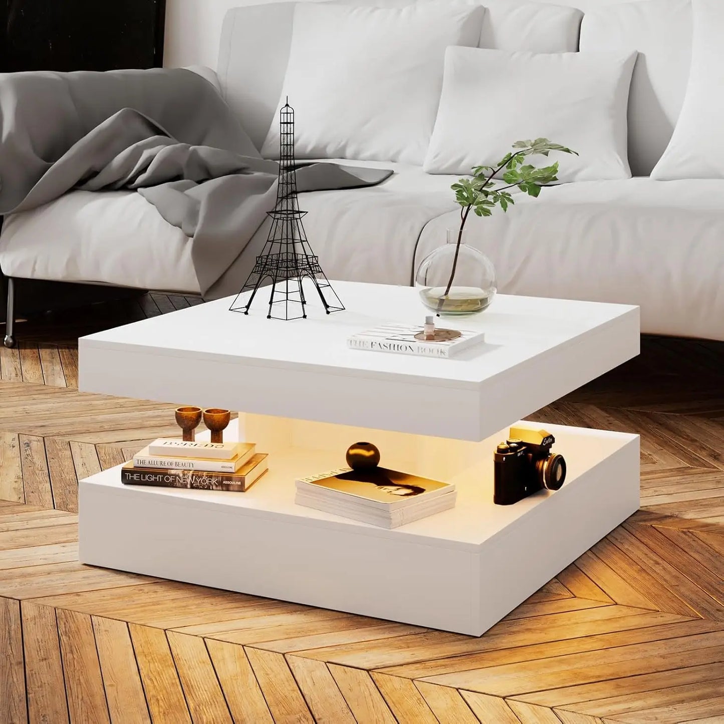LED Coffee Table for Living Room, Living Room Table 2-Tier Square Middle Center Table, Modern Coffee Tables with Storage