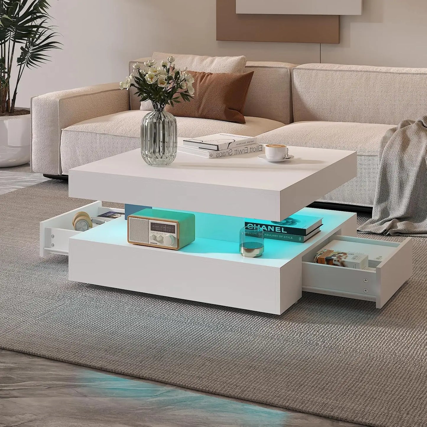 LED Coffee Table for Living Room, Living Room Table 2-Tier Square Middle Center Table, Modern Coffee Tables with Storage