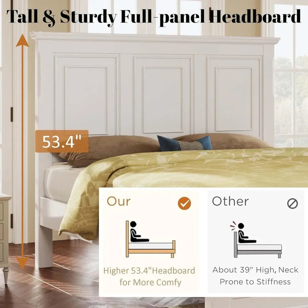 Queen Size Platform Bed with Tall Headboard  Footboard, Pinewood King Bed Frame with Wood Panel Bed Base,White,Bed Frames