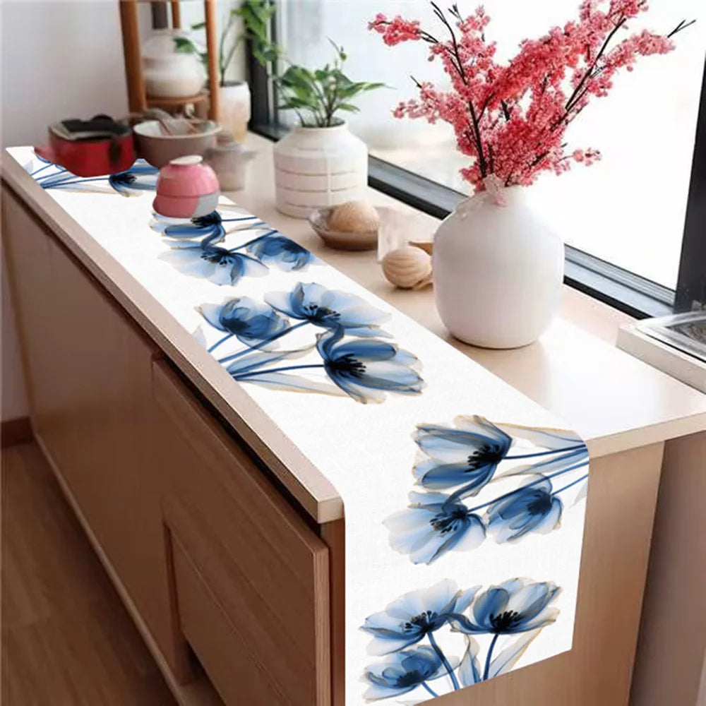 Blue Tulip Table Runner for Dining Table Kitchen Decor Anti-stain Dining Table Tablecloth Rectangular Dining Table Runner