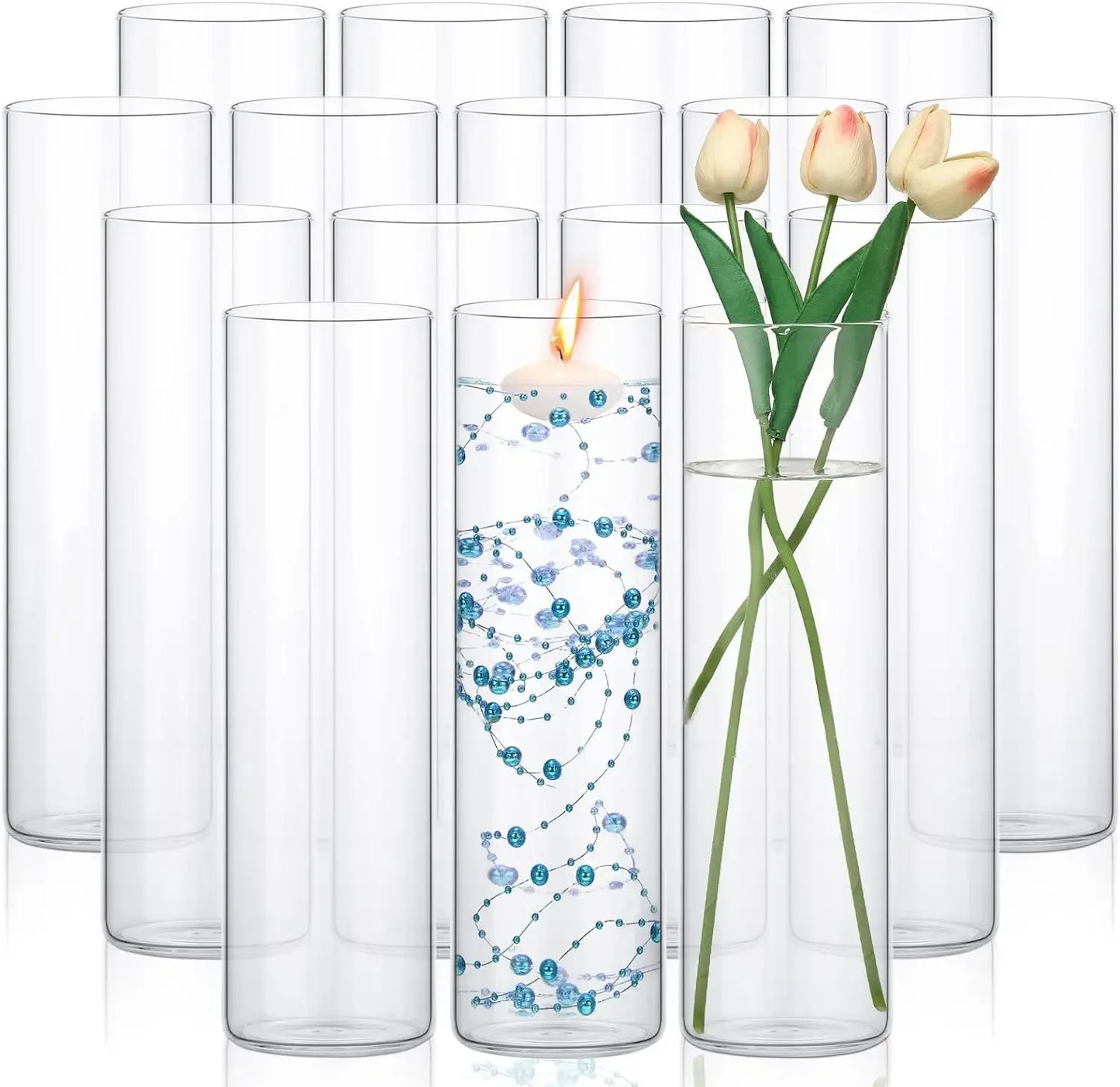 16 Pack Glass Clear Cylinder Vases Tall Floating Candle Holders Cylinder Vase Bulk Clear Flower Vases Center of Wedding Tables