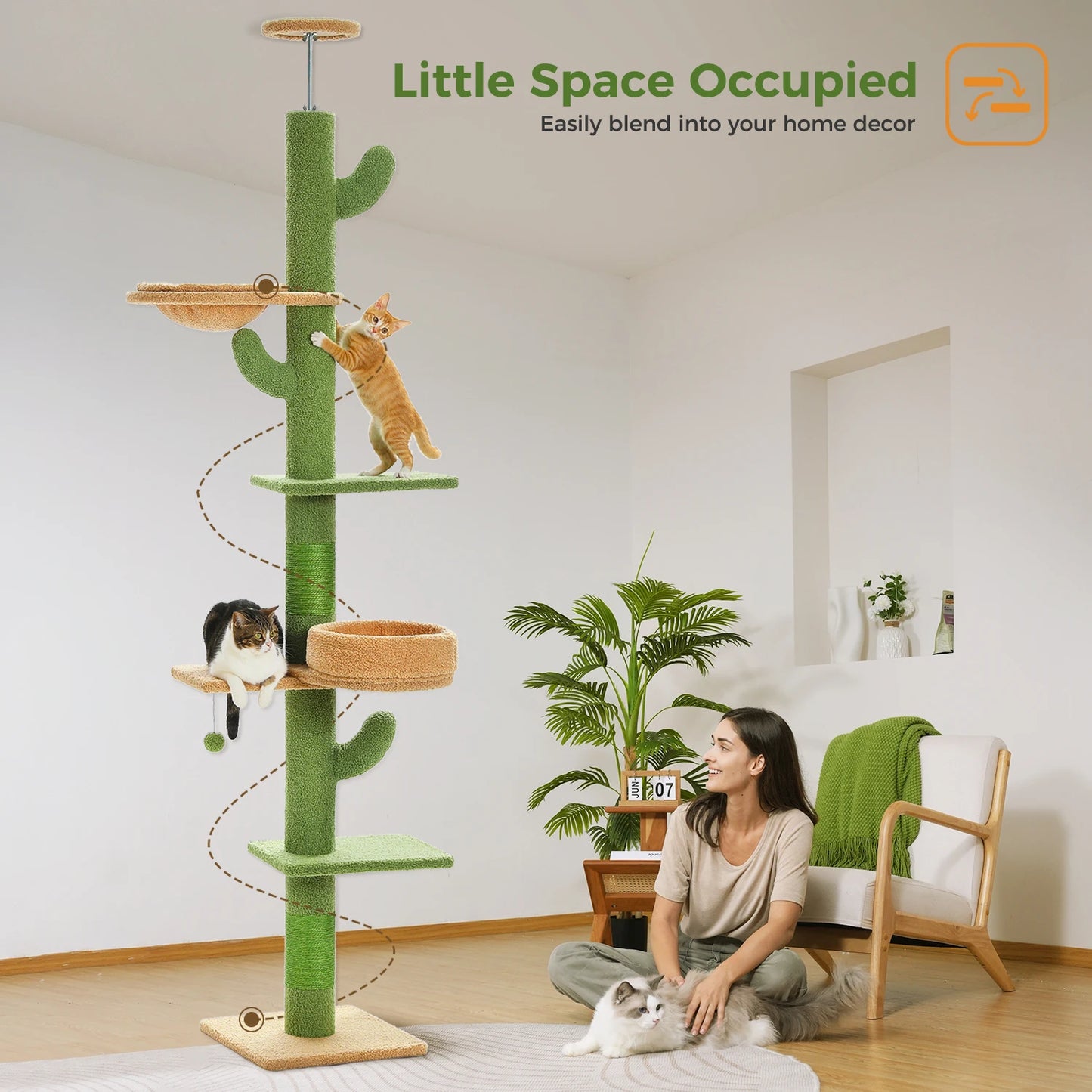 Adjustable Height Cactus Cat Tree for Indoor Cats Floor to Ceiling Cat Tower with Scratching Post Cozy Hammock Dangling Balls