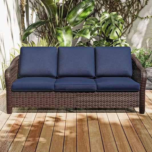 78" Wicker 3-seat Sofa, Outdoor Conversation Furniture, All-Weather Rattan Couch, Steel Frame Couch with Cushions for Garden, Po