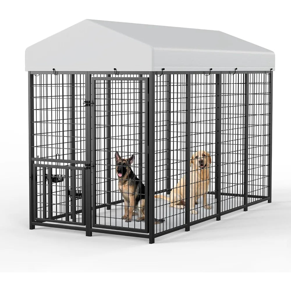 Large Dog Kennel Outdoor Pet Pens Dogs Run Enclosure Animal Hutch Metal Coop Fence with Roof Cover (8'L x 4'W x 5.6'H)