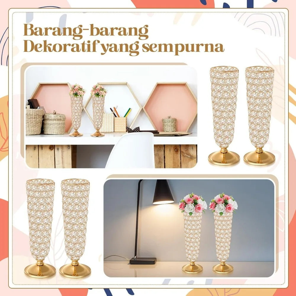 4 Pcs Crystal Trumpet Flower Vase, 12 Inch Tall Wrought Iron Crystal Vase Flower Stand Centerpieces Wedding Table Decor for Home