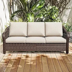 78" Wicker 3-seat Sofa, Outdoor Conversation Furniture, All-Weather Rattan Couch, Steel Frame Couch with Cushions for Garden, Po