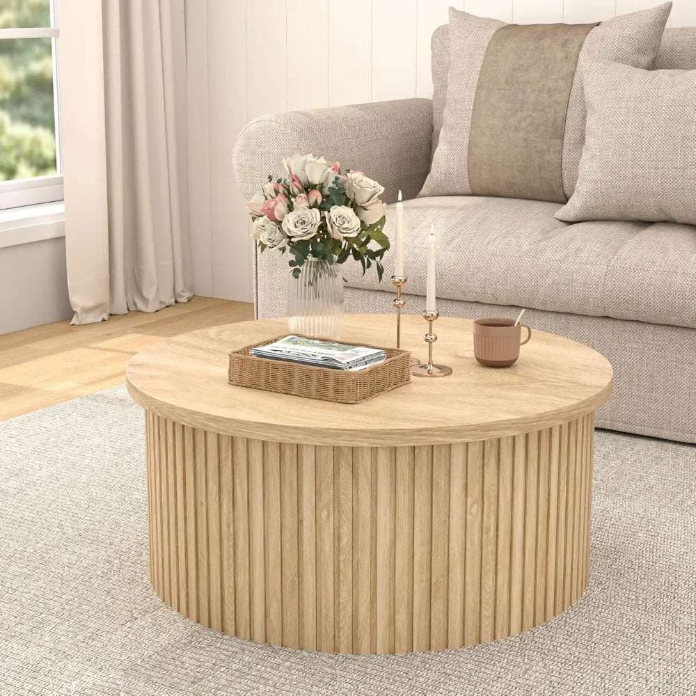 Lift Top Coffee Table with Storage, Round Coffee Tables for Living Room, 34.6'' Farmhouse Fluted Coffee Table, Wood Center Table