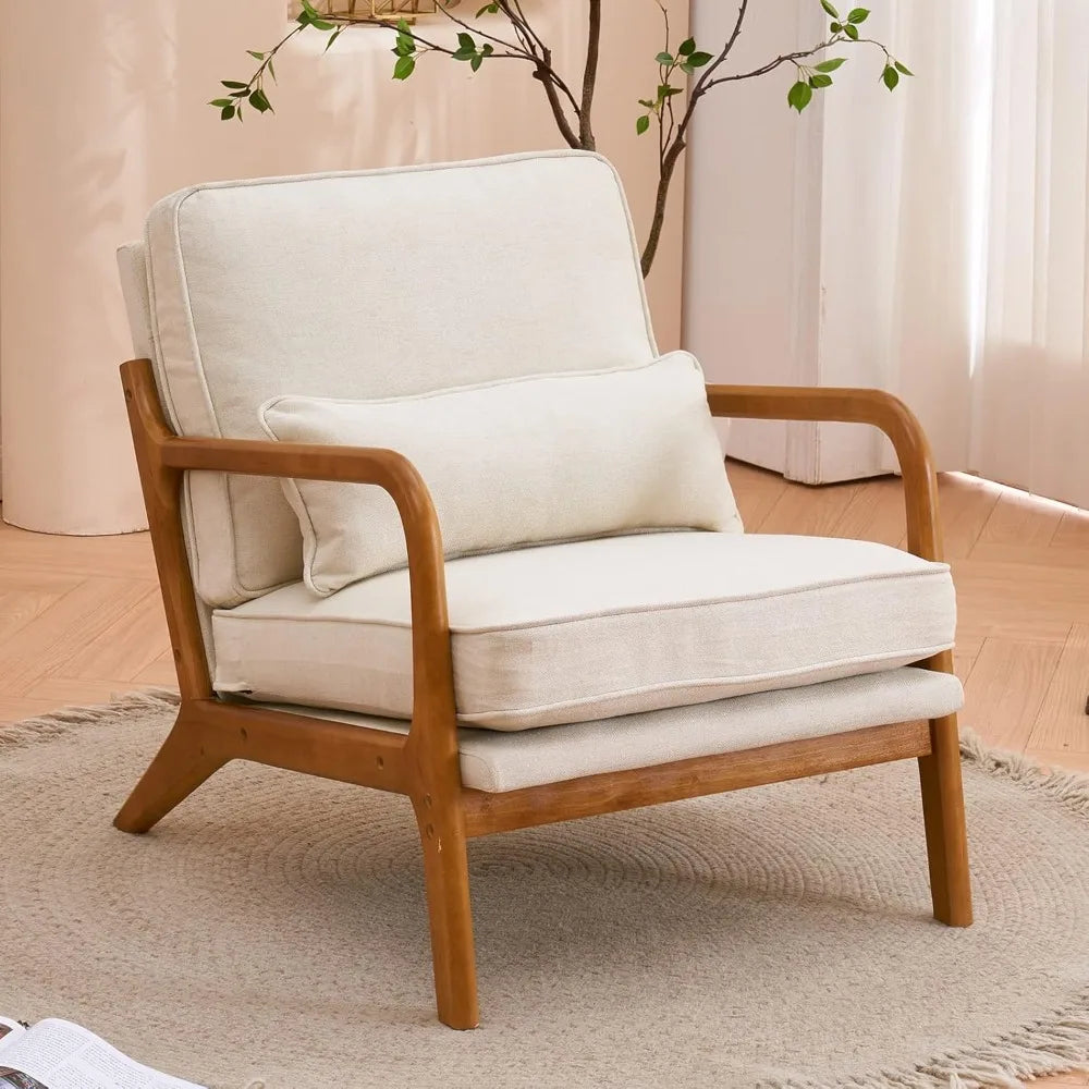 Cozy Living Room Chairs, Fine Linen Beige Accent Chairs Set of 2, Wood Lounge Chairs for Bedroom, Comfy Mid Century Modern