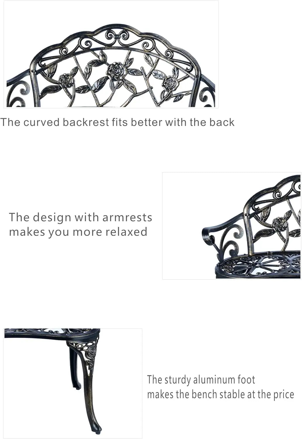 C/G Patio Balcony Bench Double Seat, Anti-Rust Cast Aluminum Patio Garden Bench for Park Yard Outdoor Furniture Copper