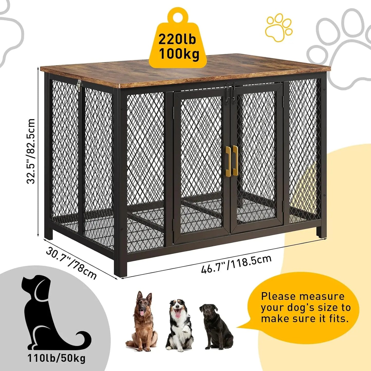 48" Flip Top Dog Crate Furniture Large Dog Kennel with 2 Doors Metal Dog Cage End Table Dog Furniture for Large Medium Small Dog