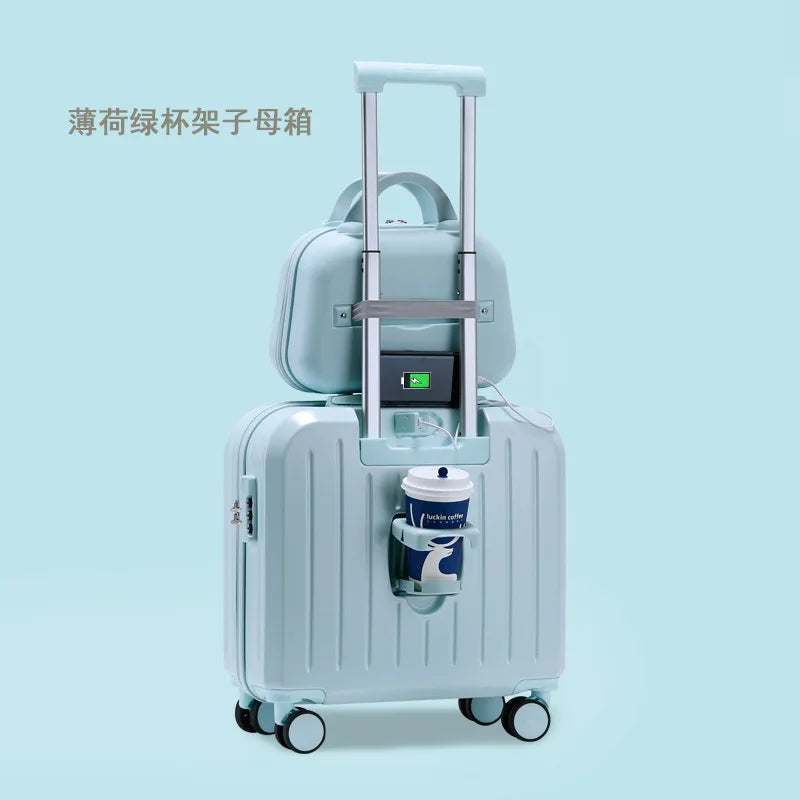 18/20 Inch Suitcase Boarding Multifunctional Travel Suitcase Student Password Trolley Case Rolling Luggage Bag with Cup holder
