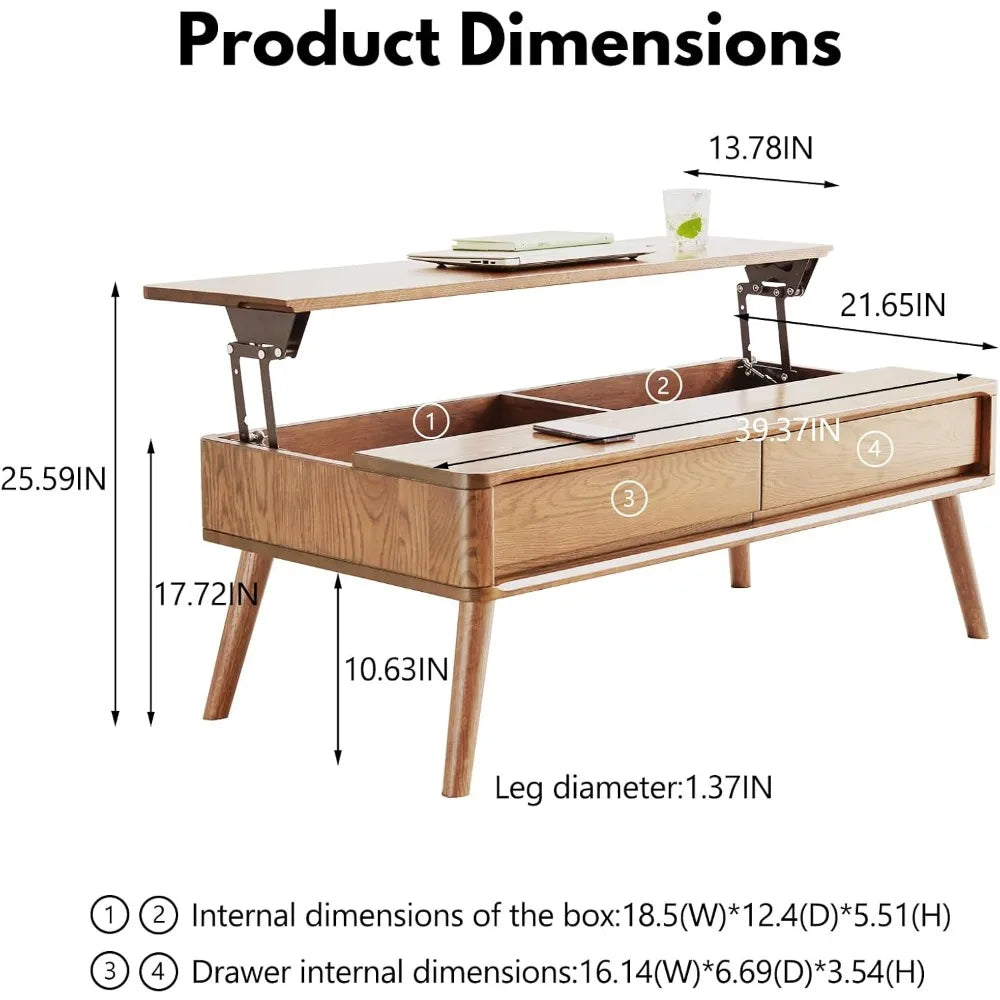 100% Solid Oak Lift Top Coffee Table, Wood Coffee Table with Hidden Compartment and Drawers - Coffee Tables