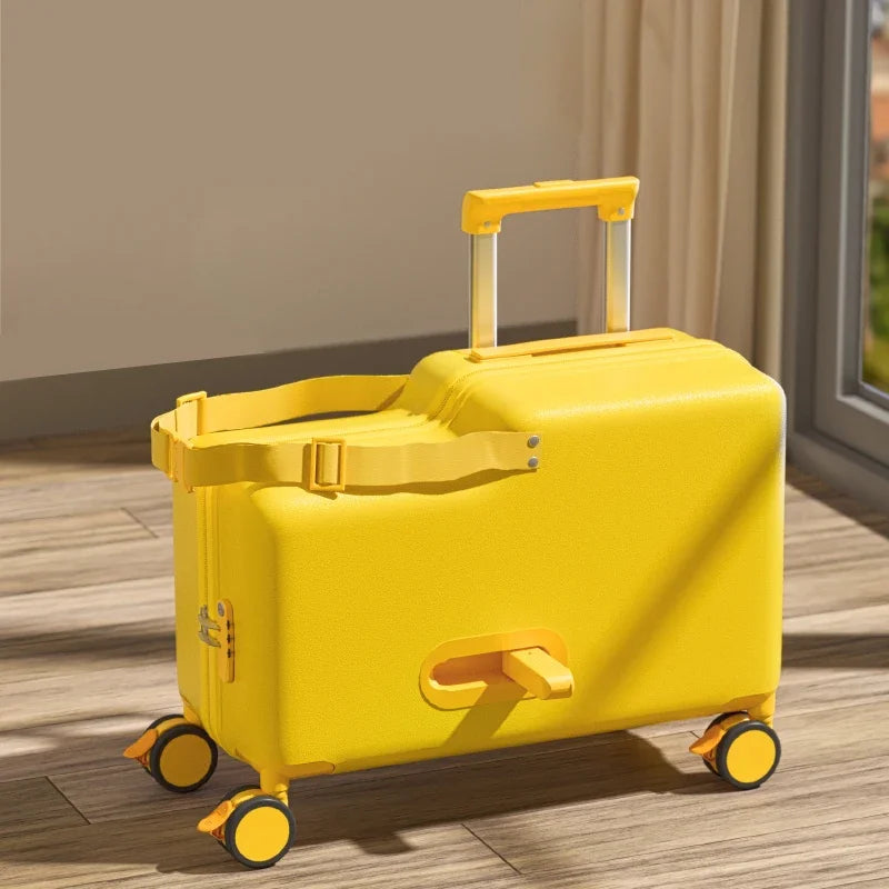 2025 New Children's Luggage Can Sit and Ride Suitcase Trip Cabin Carry-on Wooden Horse Trolley Case Brake Wheels Kids Suitcases