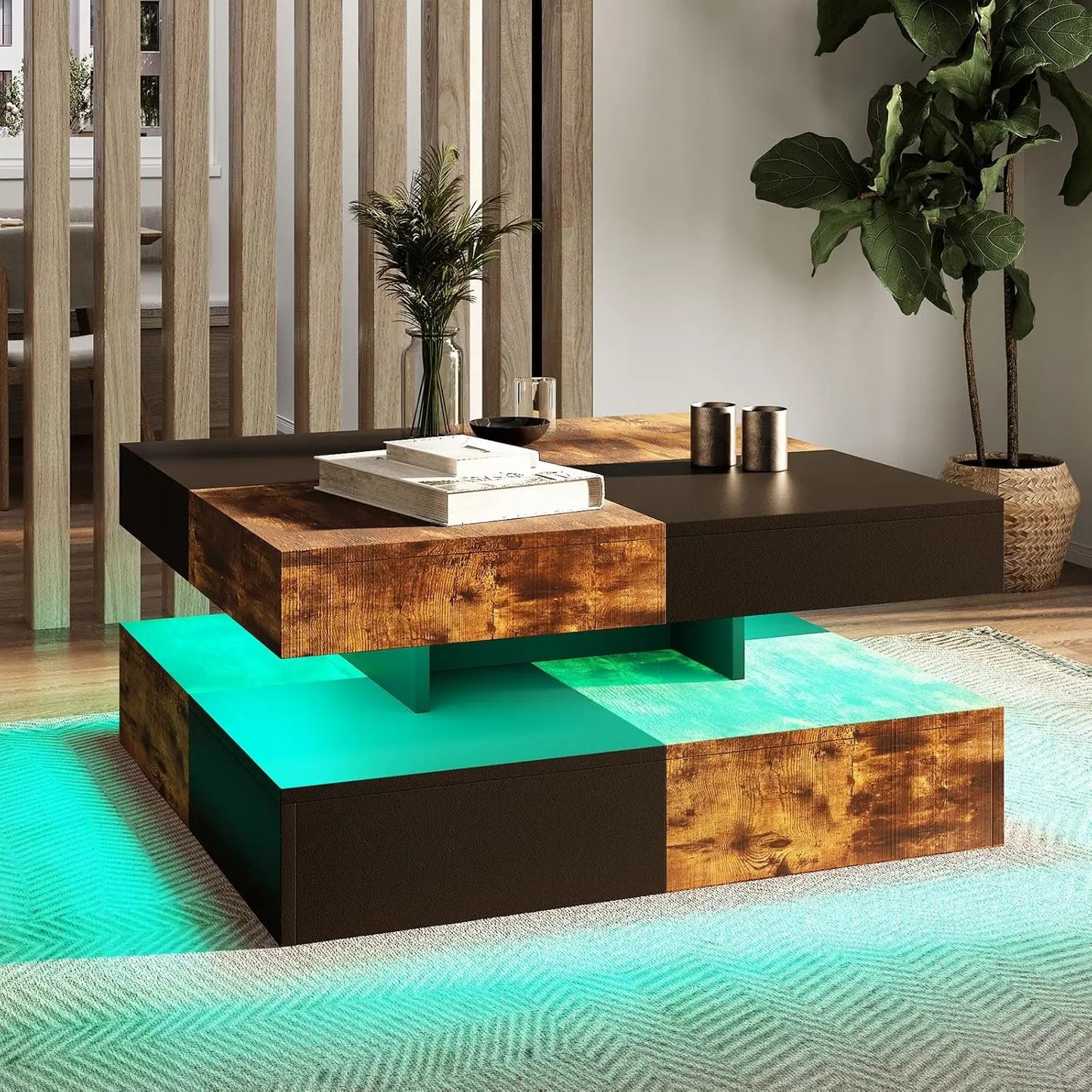 LED Coffee Table for Living Room, Living Room Table 2-Tier Square Middle Center Table, Modern Coffee Tables with Storage