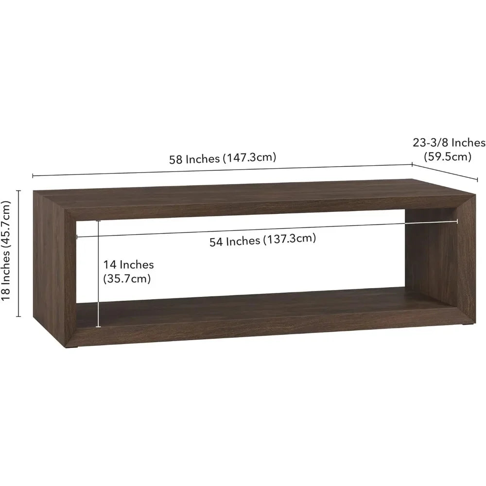 58" Wide Rectangular Coffee Table in Alder Brown, for Home, Living Room, Bedroom, Entertainment Room, Office