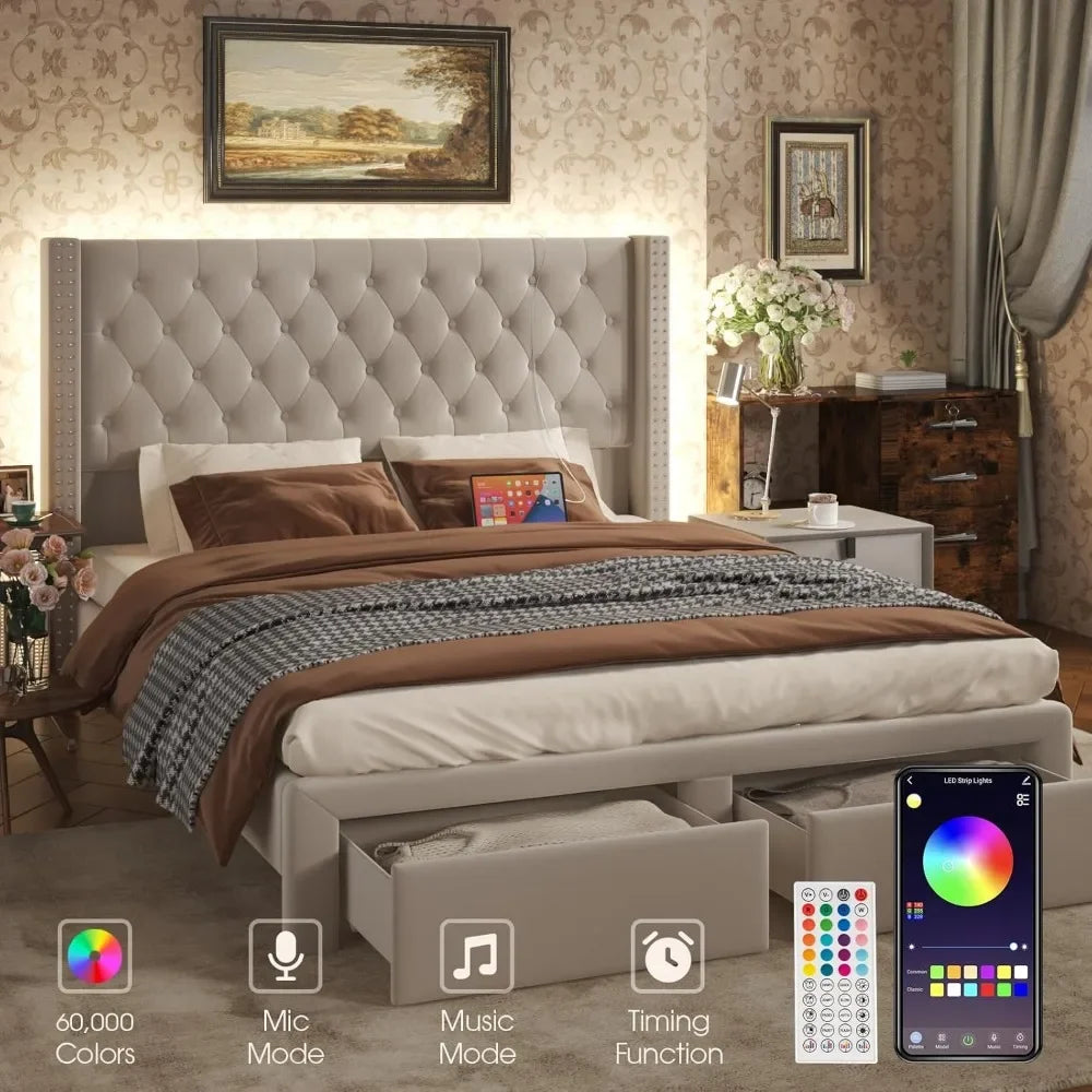 Velvet Upholstered Bed Frame Queen with Headboard and Storage, Tall Bed Frame with 2 Drawers, Tufted Wingback Bed Frame