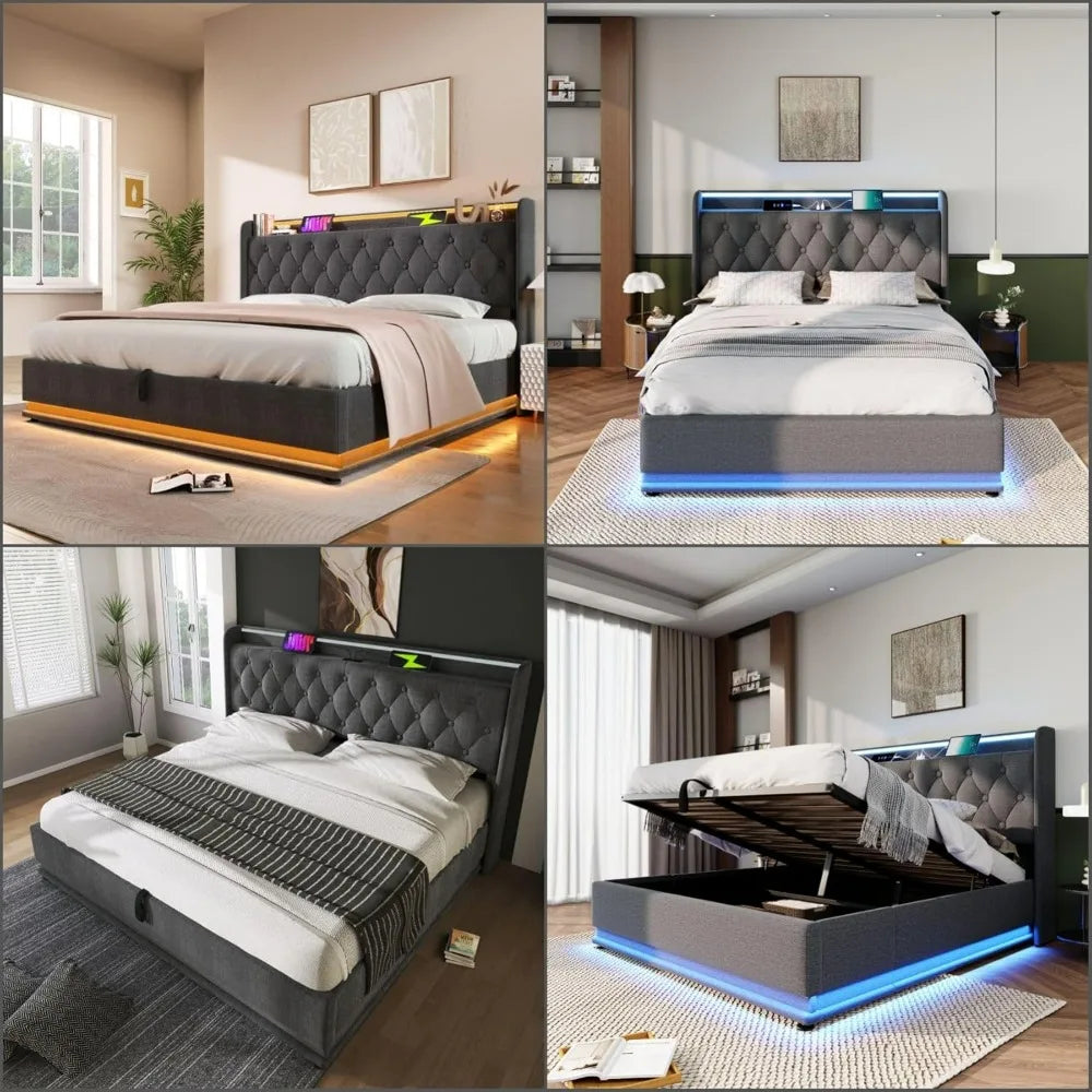 Lift Up Storage Bed Frame with 360 Surround LED Lights, Buttons, Apps or Remote Control, Upholstered Headboard Platform, Bed
