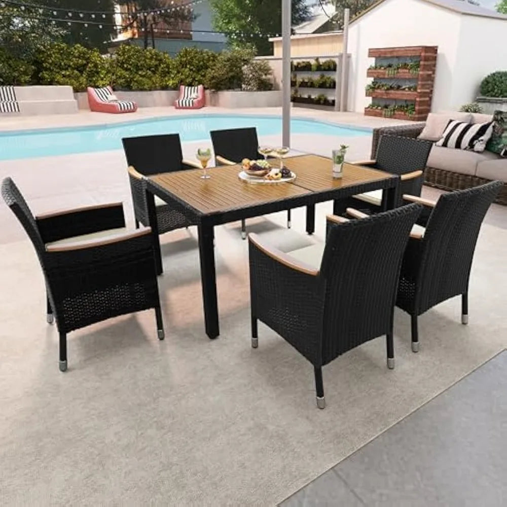 7 Piece Patio Furniture Set, Outdoor Dining Acacia Wood Table Top Rattan Conversation Set with Soft Cushions, 6 Chairs & 1 Tabl