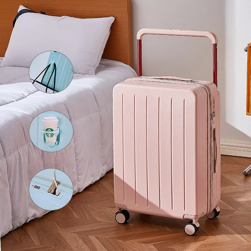 20"24"26 Inch Wide Handle Travel Suitcase PC Zipper Rolling luggage Trolley Case With Wheels Carry-on Luggage With Cup Holder