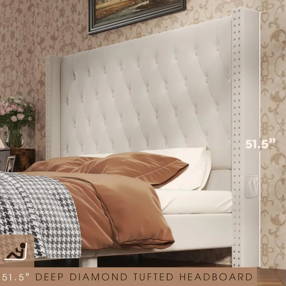 Velvet Upholstered Bed Frame Queen with Headboard and Storage, Tall Bed Frame with 2 Drawers, Tufted Wingback Bed Frame