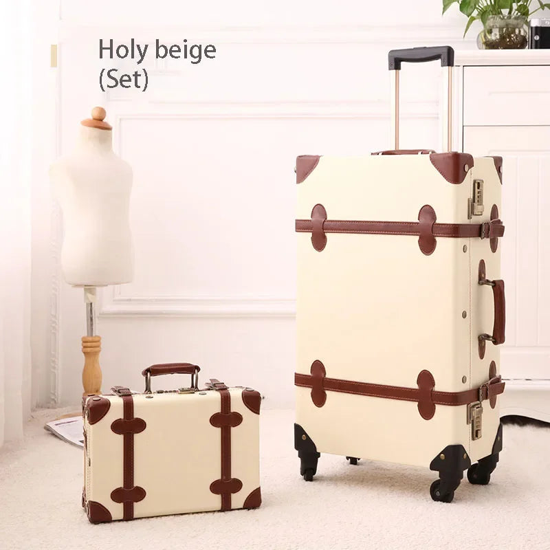 Retro Rolling Luggage Spinner Wheels Suitcase Combination TSA Lock Vintage Trolley Luggage Sets with Small Travel Bag