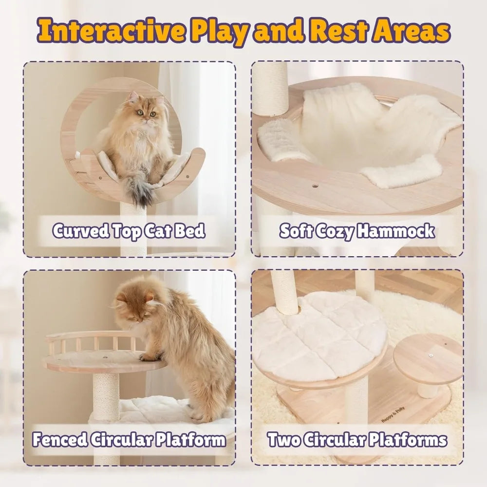 LUCK Happy&Polly Solid Wood Cat Tree - 56.3" Multi-Level Building Block Cat Tower With Cozy Hammock, Sisal Scratching Posts, P