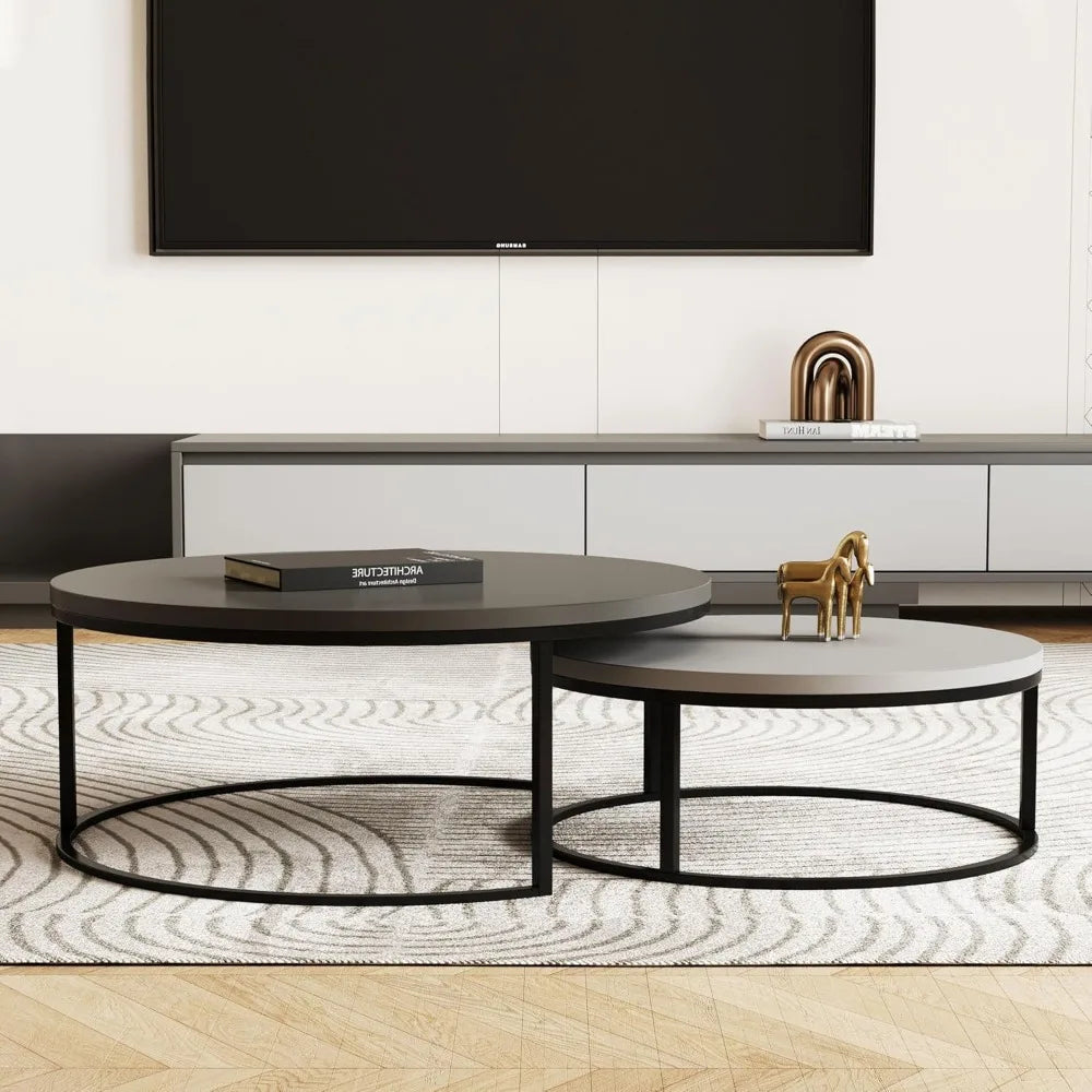 Modern Round Coffee Table Set, Nesting Cocktail Tables with Black Metal Legs, Dark Gray/Light Gray, Easy Assembly