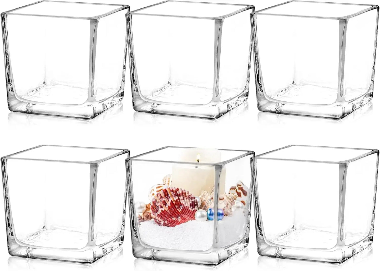 Set of 6 Square Glass Vases 5" x5" x 5", Clear Flower Vases for Centerpieces, Candle Holder for Wedding Party Events, Home Décor